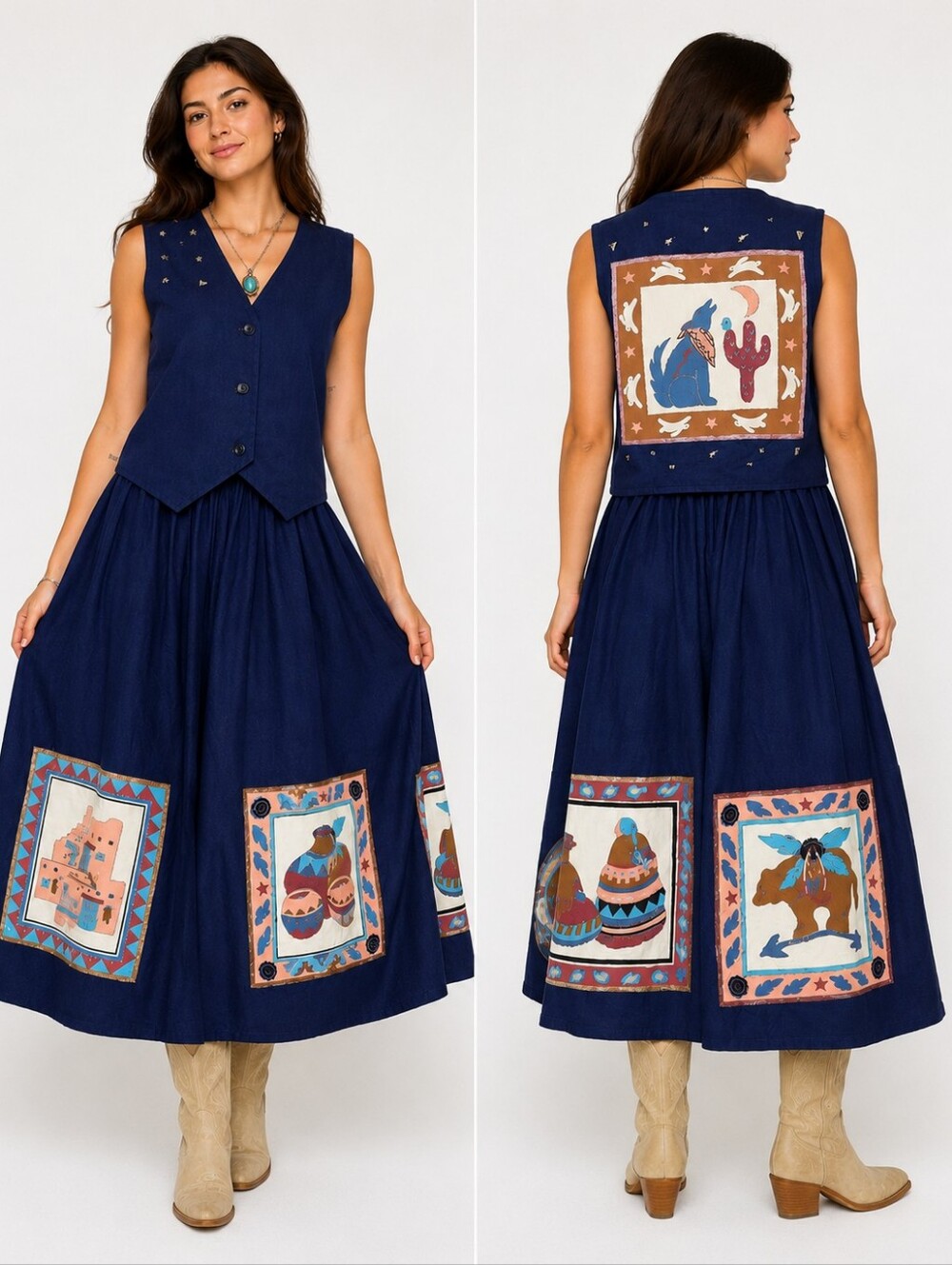 Vintage 70s Dotti Didit Southwestern Denim Vest Maxi Skirt Set Wearable Art S/M